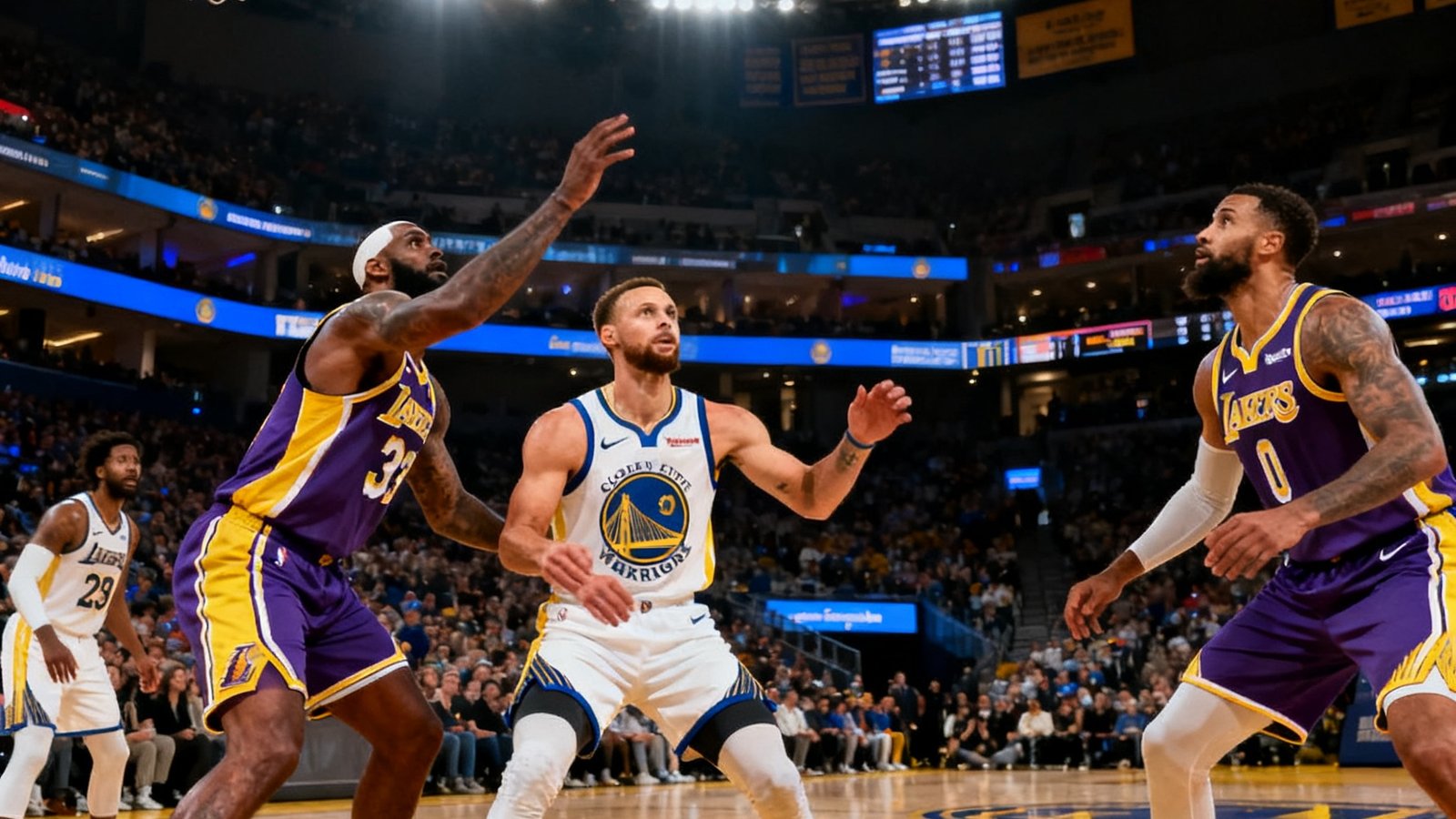 NBA常规赛洛杉矶湖人对阵金州勇士，高清直播画面显示比分与球员数据